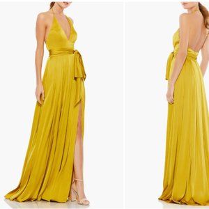 MAC DUGGAL 26531 CHARMEUSE HALTER STRAP SOFT TIE WAIST CHARTREUSE GOWN sz 0